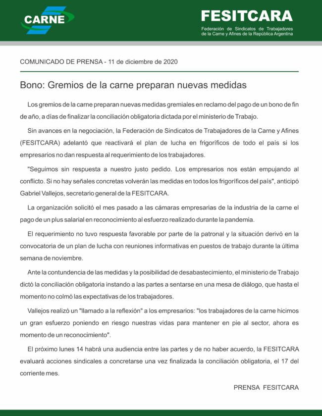 COMUNICADO Fesitcara – 11 diciembre 2020